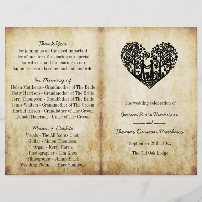 Hanging Heart Tree Vintage Wedding Bi-Fold Program (Front)