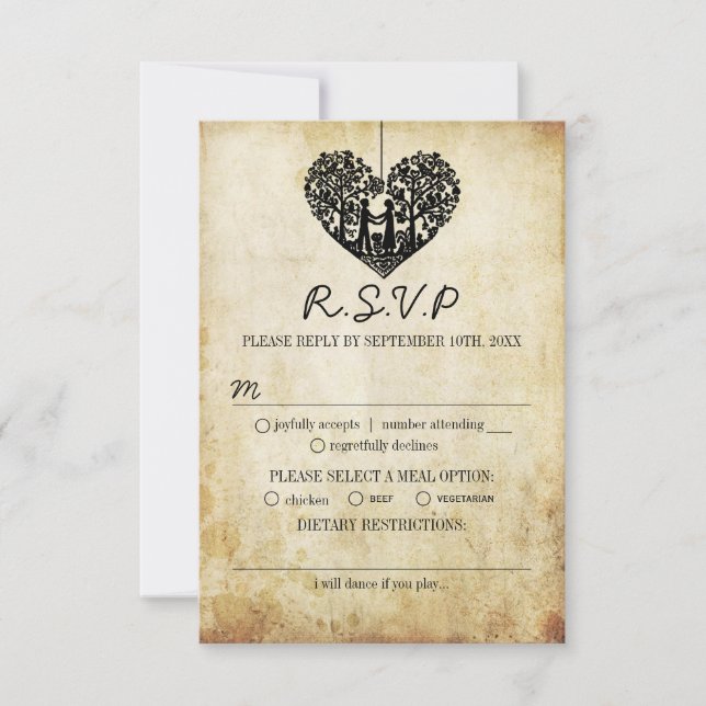 Hanging Heart Tree Vintage Wedding Collection RSVP Card (Front)
