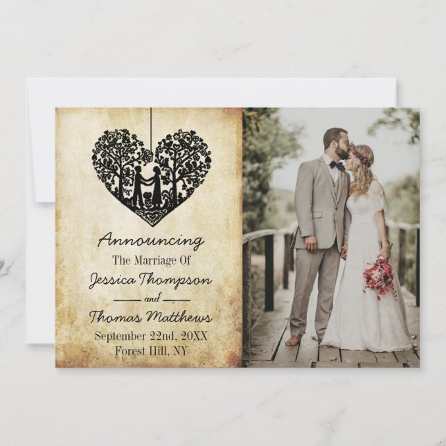 Hanging Heart Tree Vintage Wedding Photo Marriage Announcement (Front)