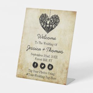 Hanging Heart Tree Vintage Wedding Welcome Pedestal Sign