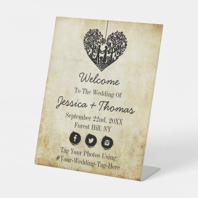 Hanging Heart Tree Vintage Wedding Welcome Pedestal Sign (Front)