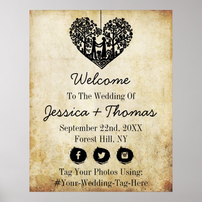 Hanging Heart Tree Vintage Wedding Welcome Poster (Front)