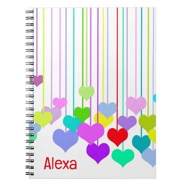 Hanging Hearts on White with Name Notebook (Front)