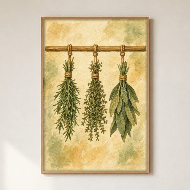 Hanging Herb Bundles Watercolour Poster (Shown framed for scale. Poster ships unframed; frames are an optional add-on.)