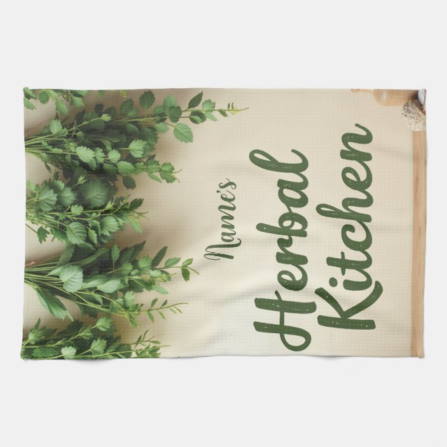 Hanging Herbs Farmhouse Tea Towel Custom Name (Horizontal)