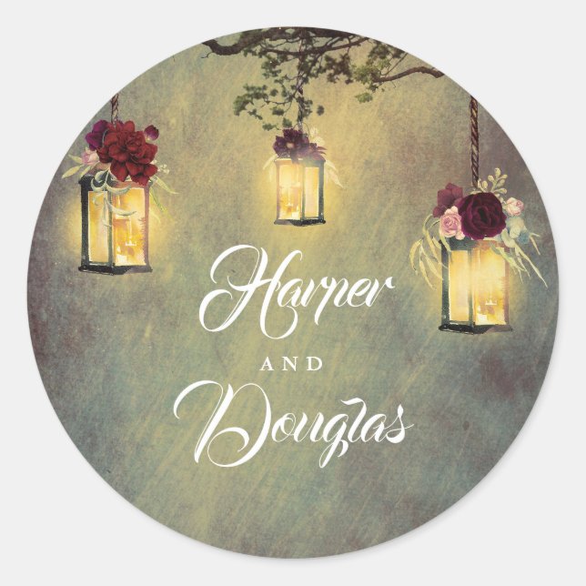 Hanging Lanterns Burgundy Red Wedding Classic Round Sticker (Front)