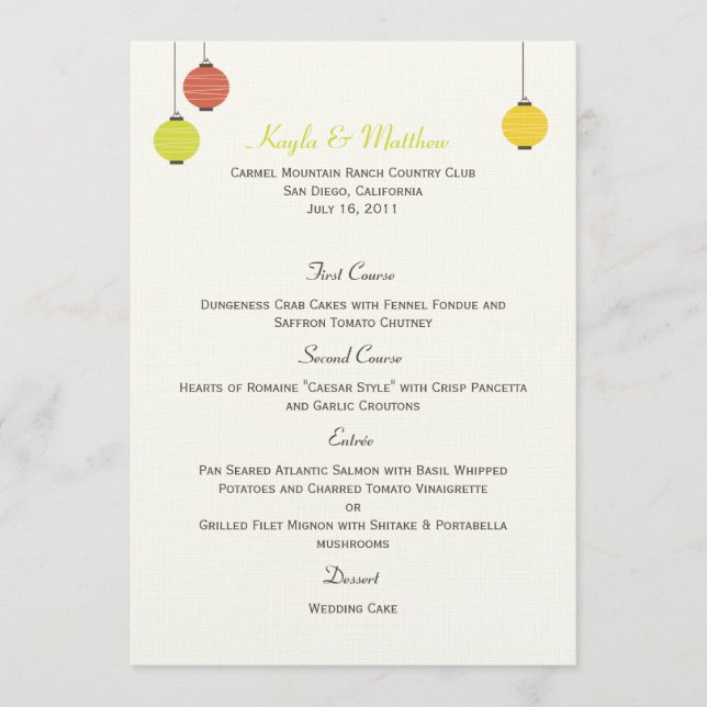 Hanging Lanterns Wedding Menu Card (Front)