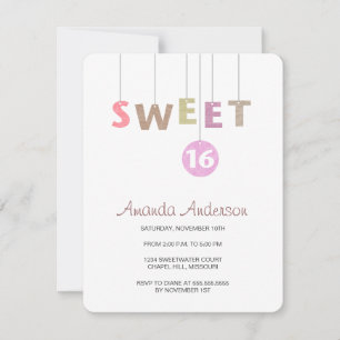 Hanging Letters Sweet Sixteen Birthday Invitations