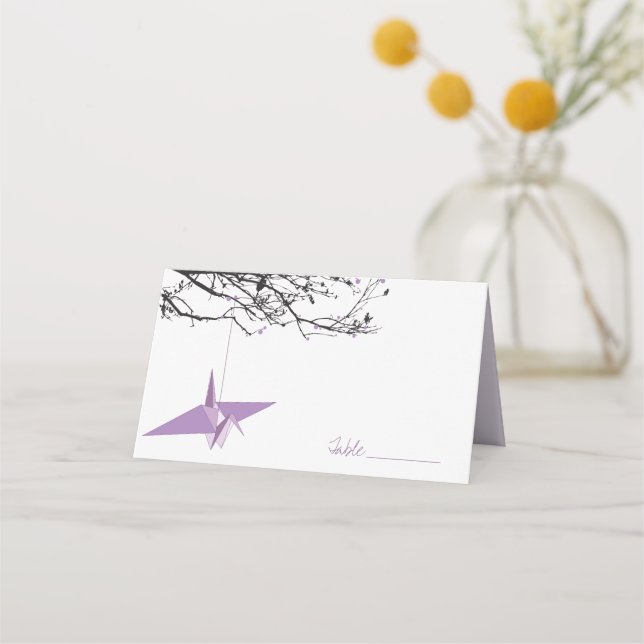 Hanging Lilac Origami Paper Cranes Asian Wedding Place Card (Front)