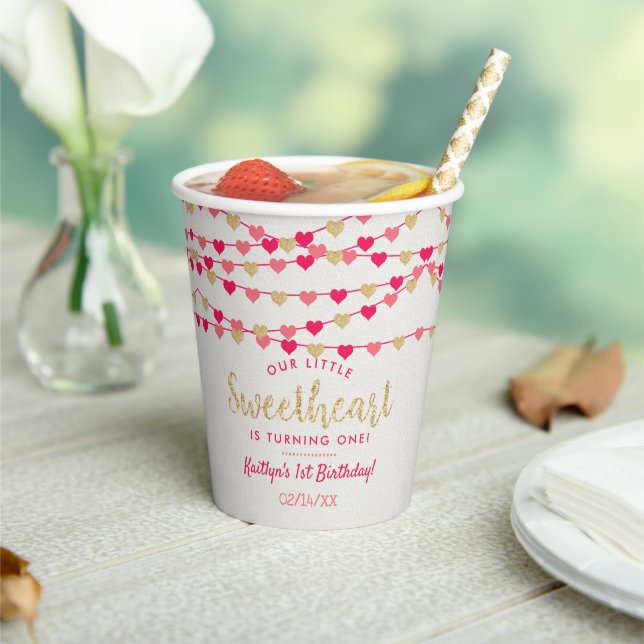 Hanging Love Hearts Little Sweetheart Birthday Paper Cups (Insitu)
