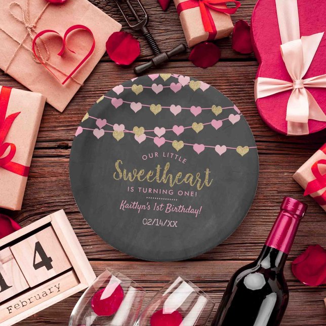 Hanging Love Hearts Little Sweetheart Birthday Paper Plate (Creator Uploaded)