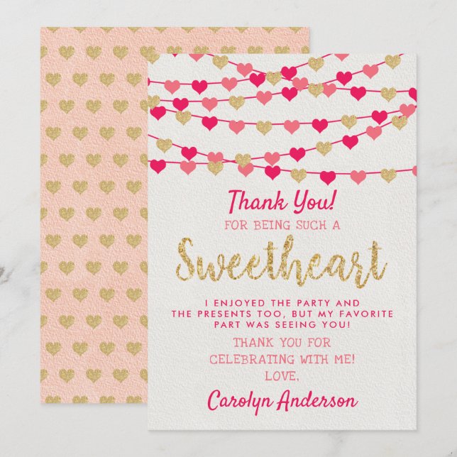 Hanging Love Hearts Little Sweetheart Birthday Thank You Card (Front/Back)