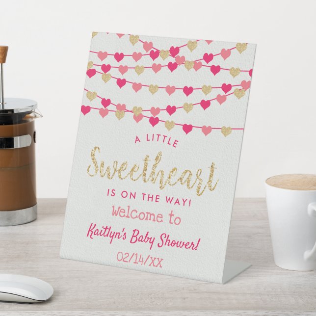 Hanging Love Hearts Sweetheart Baby Shower Welcome Pedestal Sign (In SItu)
