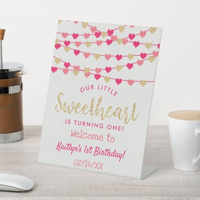 Hanging Love Hearts Sweetheart Birthday Welcome Pedestal Sign (In SItu)