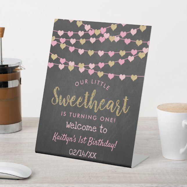 Hanging Love Hearts Sweetheart Birthday Welcome Pedestal Sign (In SItu)