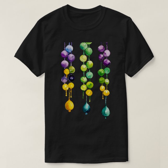 Hanging Mardi Gras Beads in Gold Green and Purple  T-Shirt (Design Front)
