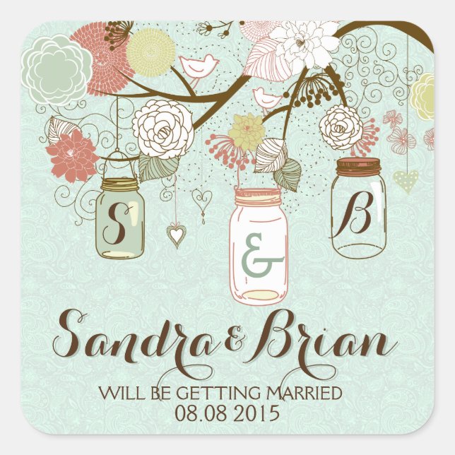 Hanging Mason Jar & & Flowers Wedding Sticker (Front)