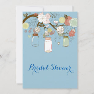 Hanging Mason Jar & Retro Flowers Bridal Shower 2 Invitation