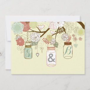 Hanging Mason Jar & Retro Flowers Wedding Invite