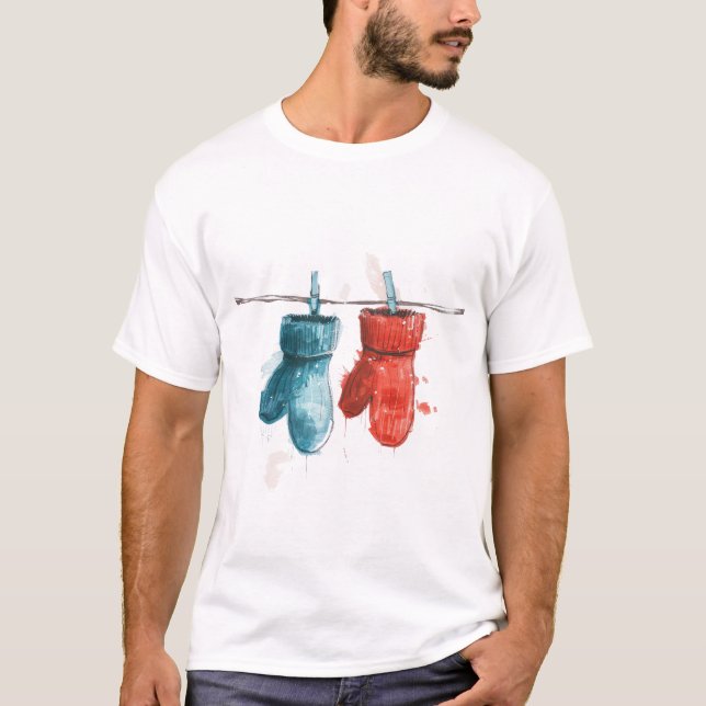 Hanging Mittens on a Clothesline Minimalist Winter T-Shirt (Front)