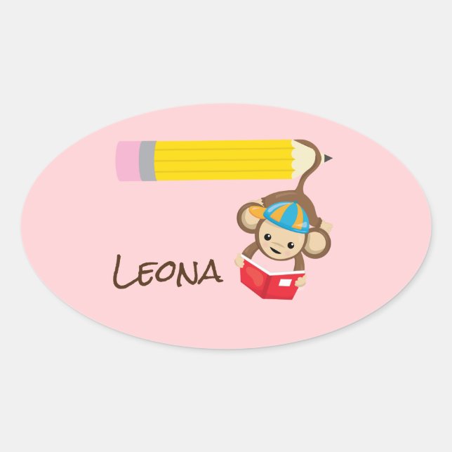 Hanging Monkey Reading Book with Name Oval Sticker (Front)
