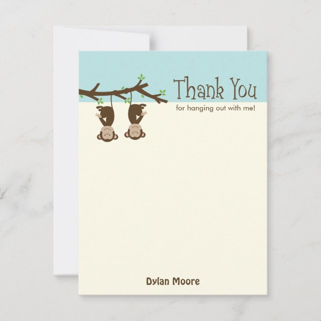 Hanging Monkeys Thank You Card - Blue (Front)