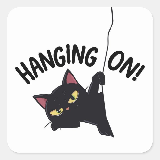 Hanging On: Black Cat Holding Rope Square Sticker (Front)