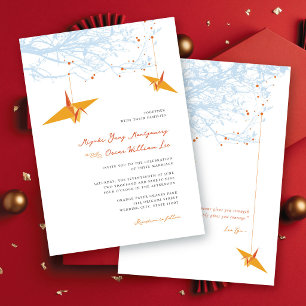 Hanging Orange Origami Cranes & Love Quote Wedding Invitation