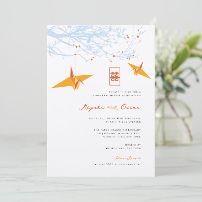 Hanging Orange Origami Cranes & Love Quote Wedding Invitation (Standing Front)