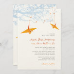 Hanging Orange Origami Cranes & Love Quote Wedding Invitation<br><div class="desc">A pair of origami orange paper cranes hanging on sky blue bare branches with tangerine berries against a white background. This is a double sided wedding day invitation card. One side of this invite features a romantic marriage/love quote and the opposite side is the invitation text in matching colors. Modern...</div>