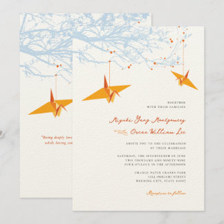 Hanging Orange Origami Cranes & Love Quote Wedding Invitation