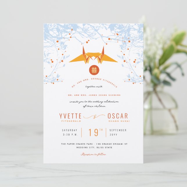 Hanging Orange Origami Cranes & Love Quote Wedding Invitation (Standing Front)