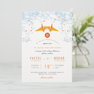 Hanging Orange Origami Cranes & Love Quote Wedding Invitation