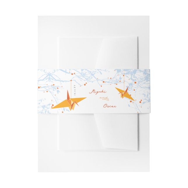Hanging Orange Origami Cranes & Love Quote Wedding Invitation Belly Band (Front Example)