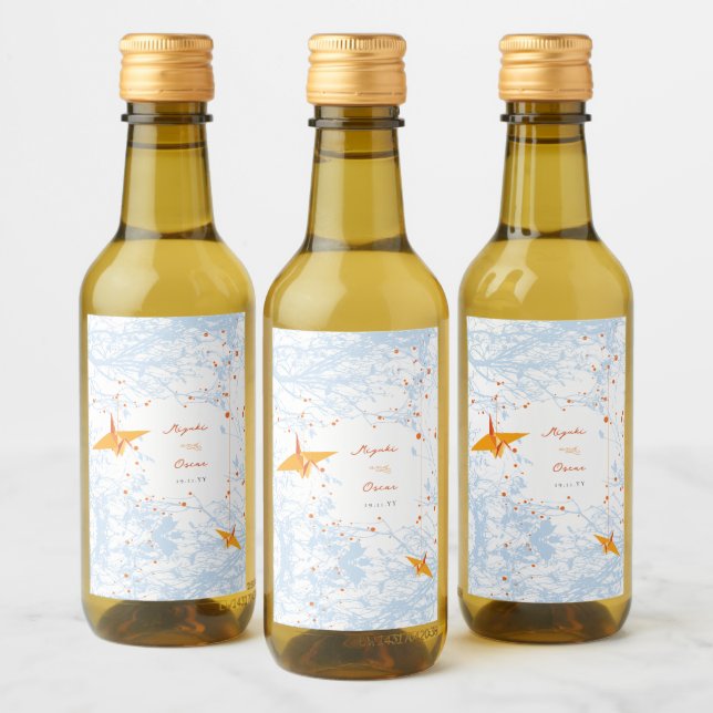 Hanging Orange Origami Paper Cranes Asian Wedding Wine Label (Bottles)