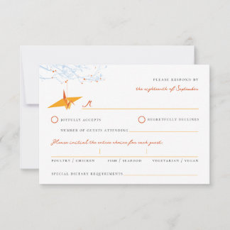 Hanging Origami Orange Paper Cranes Asian Wedding RSVP Card