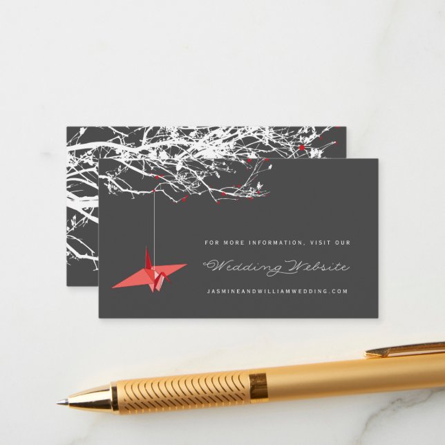 Hanging Origami Paper Crane Asian Wedding Website Enclosure Card (Front/Back In Situ)