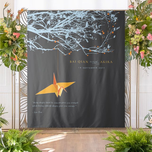 Hanging Origami Paper Crane Wedding Photo Backdrop Tapestry (Hanging Origami Orange Paper Crane & Blue Branches Wedding Photo Backdrop @ fatfatin_red_knot)