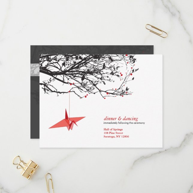 Hanging Origami Paper Cranes Asian Wedding RSVP Invitation Postcard (Front/Back In Situ)
