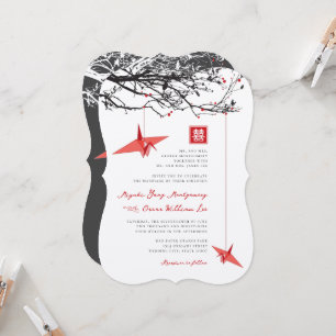 Hanging Origami Paper Cranes & Love Quote Wedding Invitation