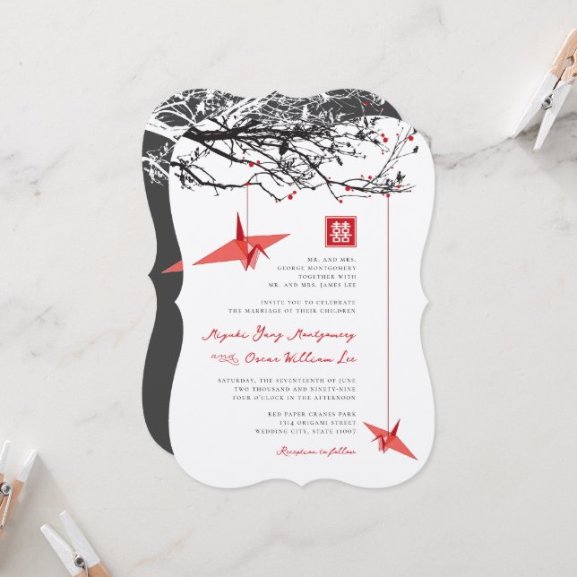 Hanging Origami Paper Cranes & Love Quote Wedding Invitation (Front/Back In Situ)
