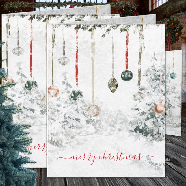 Hanging Ornaments Winter Scene Merry Christmas Holiday Card (Hanging Ornaments Snowy Winter Scene Wraparound Graphics Folded Christmas Holiday Card in two sizes)
