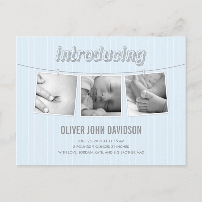 Hanging Pictures Birth Announcement - Baby Boy (Front)