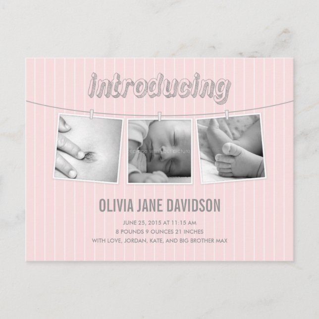 Hanging Pictures Birth Announcement - Baby Girl (Front)