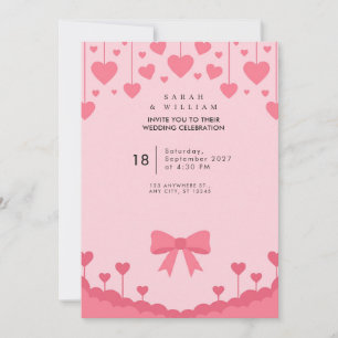 Hanging Pink Hearts Pastel Bow Wedding Invitation
