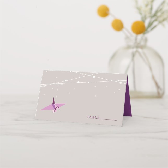 Hanging Purple Origami Paper Cranes Asian Wedding Place Card (Front)