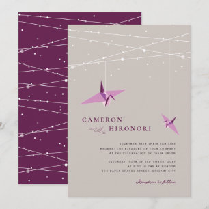 Hanging Purple Paper Cranes & Fairy Lights Wedding Invitation