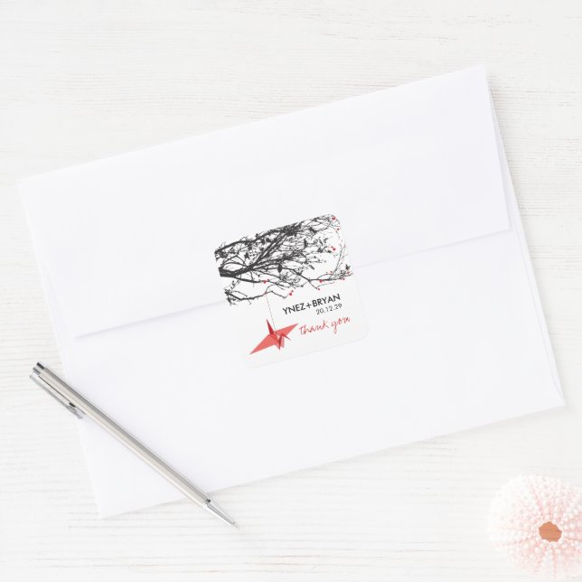 Hanging Red Origami Paper Crane Chic Asian Wedding Square Sticker (Envelope)