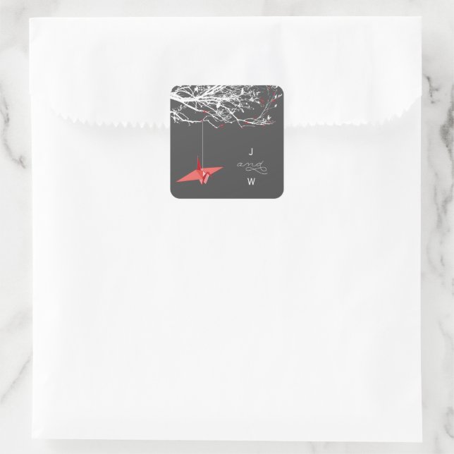 Hanging Red Origami Paper Crane Chic Asian Wedding Square Sticker (Bag)