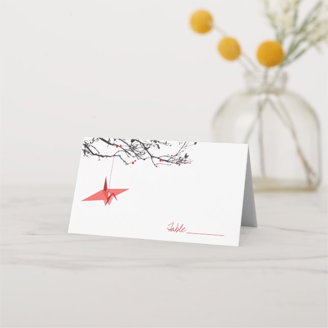 Hanging Red Origami Paper Cranes Asian Wedding Place Card (Front)